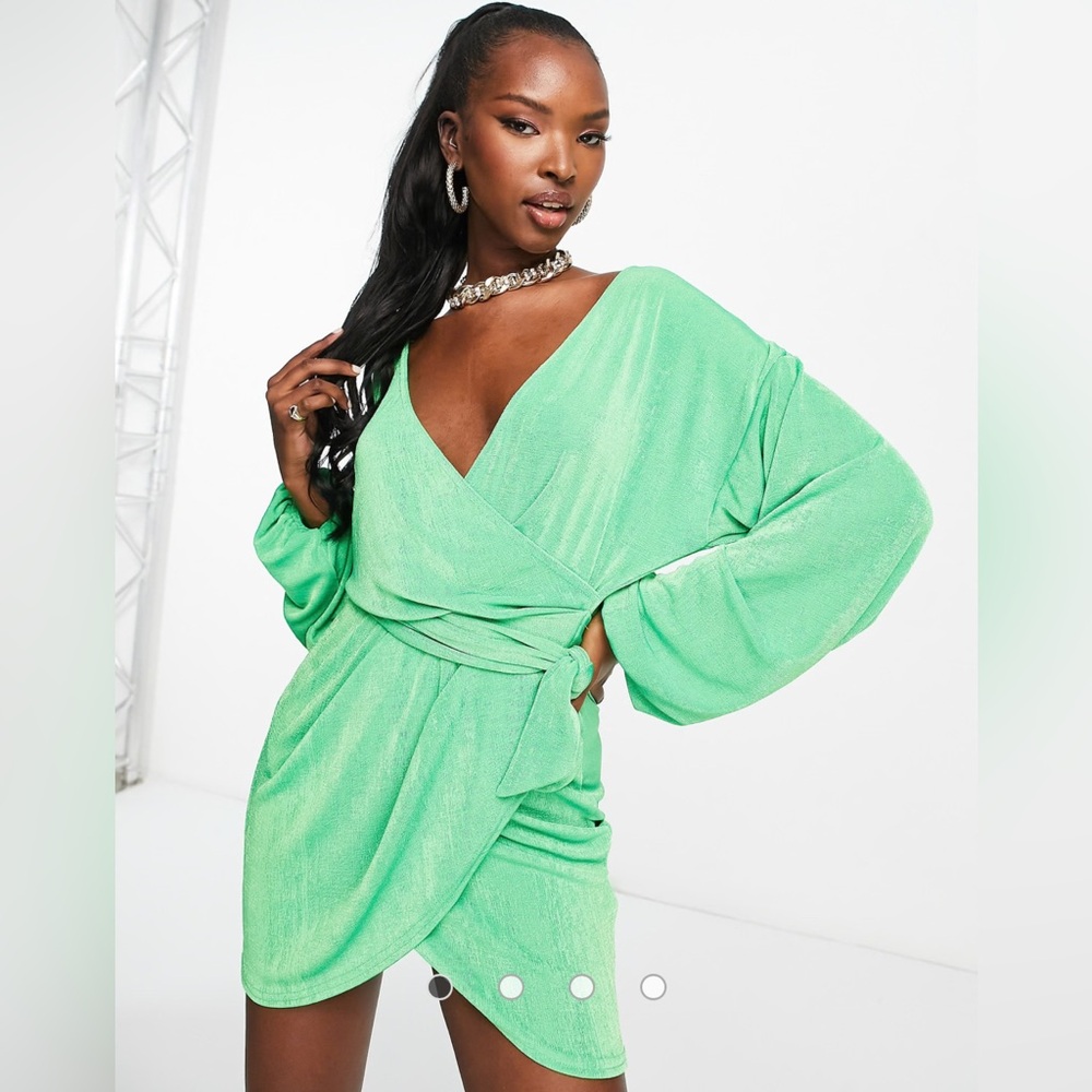 ASOS Green Long Sleeve V Neck Tie Waist Wrap Mini Dress Size 14